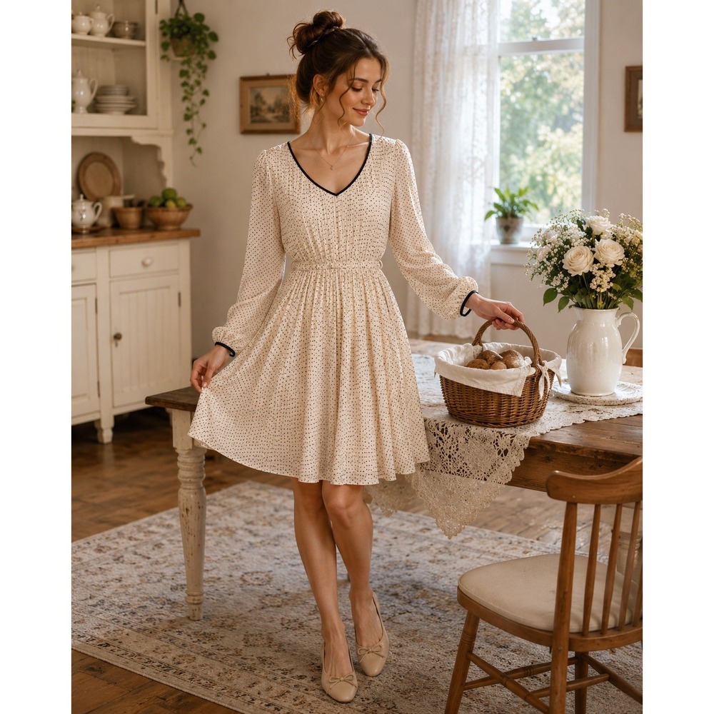 Tradwife Retro Boho Black Cream Pleated Fit Flare Polka Dot Pinup Glam L Dress